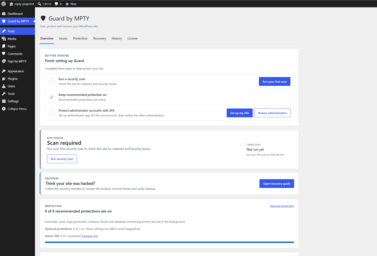 Guard overview and WordPress navigation sidebar.