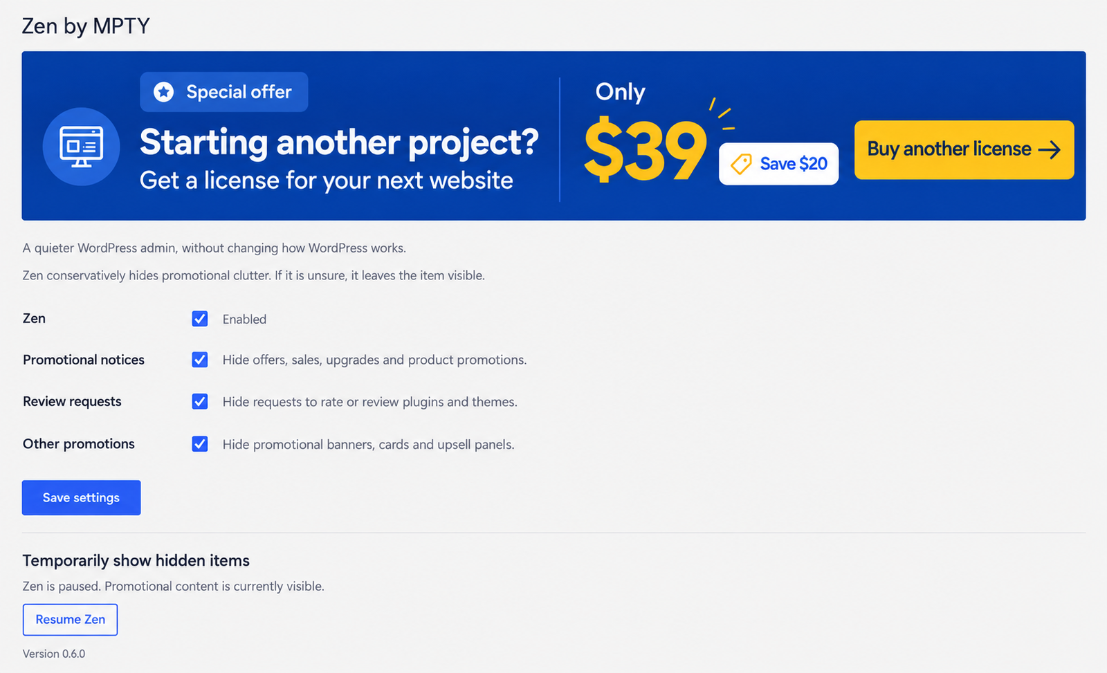 An example promotion visible with Zen paused. Branding has been removed.