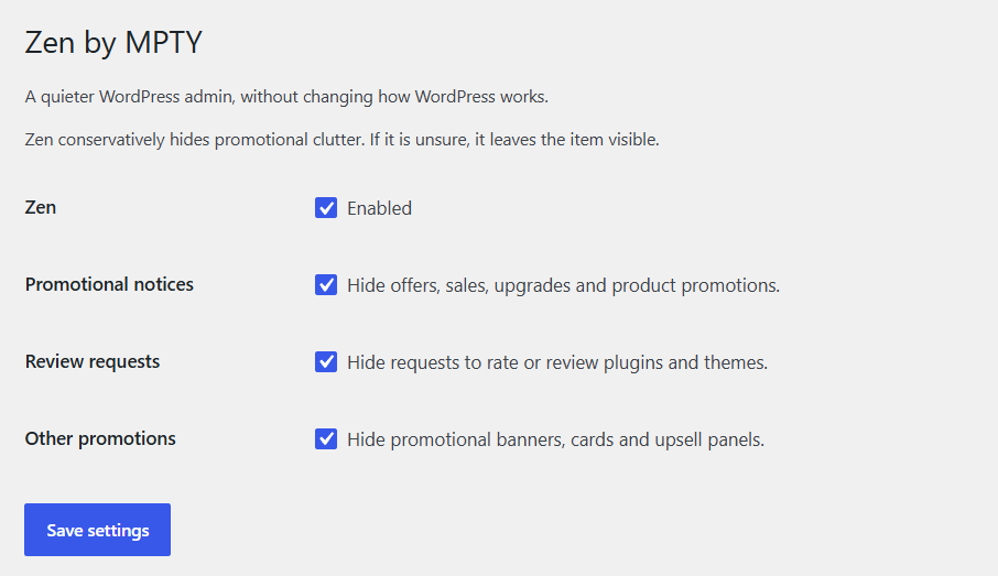 Choose which kinds of promotional notices Zen hides.